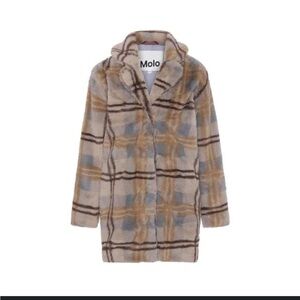 Molo Kids Checkered Teddy Jacket - Tan and Gray